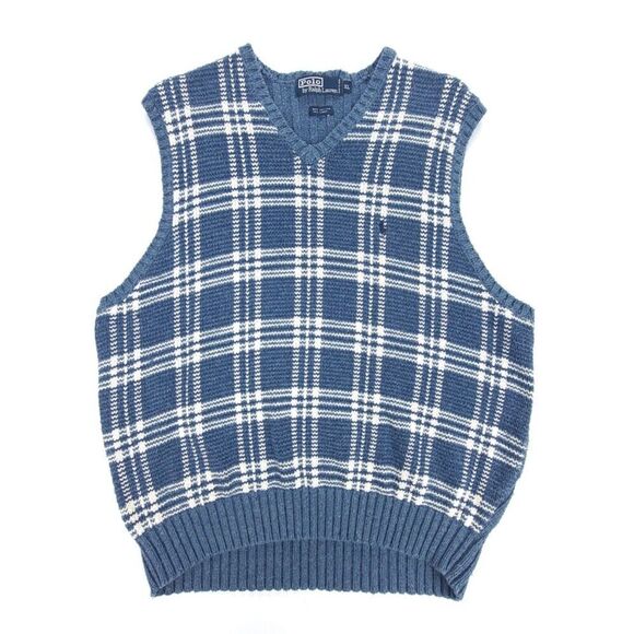 VINTAGE Polo Ralph Lauren Linen Old Money Sweater Vest‎ Blue Plaid Academia Golf